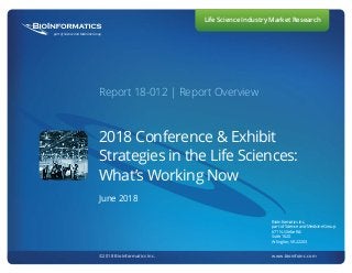 part of Science and Medicine Group
©2018 BioInformatics Inc.		 www.bioinfoinc.com
Life Science Industry Market Research
BioInformatics Inc.
part of Science and Medicine Group
671 N. Glebe Rd.
Suite 1620
Arlington, VA 22203
Report 18-012 | Report Overview
2018 Conference & Exhibit
Strategies in the Life Sciences:
What’s Working Now
June 2018
 