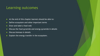 Learning outcomes
 At the end of this chapter learners should be able to:
 Define ecosystem and other important terms
 Draw and label a food web
 Discuss the food pyramids and energy pyramids in details
 Discuss biomass in details
 Explain the energy transfer in the ecosystem.
 