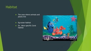 Habitat
 The area where animals and
plants live
 Eg ocean habitat
 Or.. More specific Coral
habitat
 