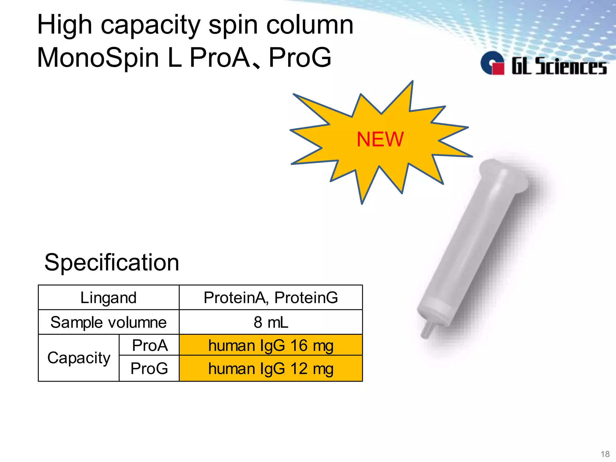 High capacity spin column
MonoSpin L ProA、ProG
18
ProteinA, ProteinG
8 mL
ProA human IgG 16 mg
ProG human IgG 12 mg
Lingand
Capacity
Sample volumne
Specification
NEW
 