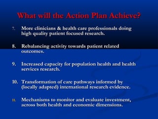 What will the Action Plan Achieve?What will the Action Plan Achieve?
7.7. More clinicians & health care professionals doingMore clinicians & health care professionals doing
high quality patient focused research.high quality patient focused research.
8.8. Rebalancing activity towards patient relatedRebalancing activity towards patient related
outcomes.outcomes.
9.9. Increased capacity for population health and healthIncreased capacity for population health and health
services research.services research.
10.10. Transformation of care pathways informed byTransformation of care pathways informed by
(locally adapted) international research evidence.(locally adapted) international research evidence.
11.11. Mechanisms to monitor and evaluate investment,Mechanisms to monitor and evaluate investment,
across both health and economic dimensions.across both health and economic dimensions.
 