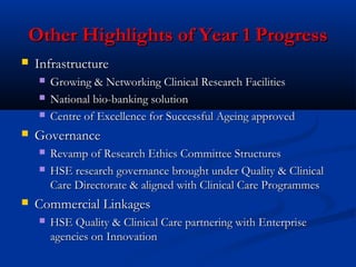 Other Highlights of Year 1 ProgressOther Highlights of Year 1 Progress
 InfrastructureInfrastructure
 Growing & Networking Clinical Research FacilitiesGrowing & Networking Clinical Research Facilities
 National bio-banking solutionNational bio-banking solution
 Centre of Excellence for Successful Ageing approvedCentre of Excellence for Successful Ageing approved
 GovernanceGovernance
 Revamp of Research Ethics Committee StructuresRevamp of Research Ethics Committee Structures
 HSE research governance brought under Quality & ClinicalHSE research governance brought under Quality & Clinical
Care Directorate & aligned with Clinical Care ProgrammesCare Directorate & aligned with Clinical Care Programmes
 Commercial LinkagesCommercial Linkages
 HSE Quality & Clinical Care partnering with EnterpriseHSE Quality & Clinical Care partnering with Enterprise
agencies on Innovationagencies on Innovation
 