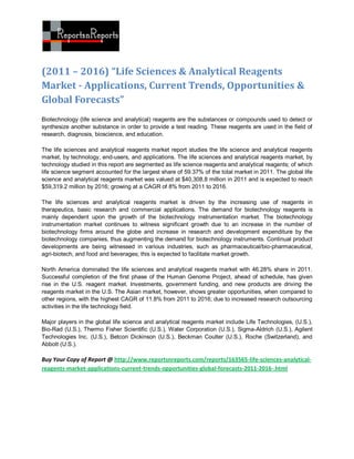 (2011 – 2016) “Life Sciences & Analytical Reagents
Market - Applications, Current Trends, Opportunities &
Global Forecasts”
Biotechnology (life science and analytical) reagents are the substances or compounds used to detect or
synthesize another substance in order to provide a test reading. These reagents are used in the field of
research, diagnosis, bioscience, and education.

The life sciences and analytical reagents market report studies the life science and analytical reagents
market, by technology, end-users, and applications. The life sciences and analytical reagents market, by
technology studied in this report are segmented as life science reagents and analytical reagents; of which
life science segment accounted for the largest share of 59.37% of the total market in 2011. The global life
science and analytical reagents market was valued at $40,308.8 million in 2011 and is expected to reach
$59,319.2 million by 2016; growing at a CAGR of 8% from 2011 to 2016.

The life sciences and analytical reagents market is driven by the increasing use of reagents in
therapeutics, basic research and commercial applications. The demand for biotechnology reagents is
mainly dependent upon the growth of the biotechnology instrumentation market. The biotechnology
instrumentation market continues to witness significant growth due to an increase in the number of
biotechnology firms around the globe and increase in research and development expenditure by the
biotechnology companies, thus augmenting the demand for biotechnology instruments. Continual product
developments are being witnessed in various industries, such as pharmaceutical/bio-pharmaceutical,
agri-biotech, and food and beverages; this is expected to facilitate market growth.

North America dominated the life sciences and analytical reagents market with 46.28% share in 2011.
Successful completion of the first phase of the Human Genome Project, ahead of schedule, has given
rise in the U.S. reagent market. Investments, government funding, and new products are driving the
reagents market in the U.S. The Asian market, however, shows greater opportunities, when compared to
other regions, with the highest CAGR of 11.8% from 2011 to 2016; due to increased research outsourcing
activities in the life technology field.

Major players in the global life science and analytical reagents market include Life Technologies, (U.S.),
Bio-Rad (U.S.), Thermo Fisher Scientific (U.S.), Water Corporation (U.S.), Sigma-Aldrich (U.S.), Agilent
Technologies Inc. (U.S.), Betcon Dickinson (U.S.), Beckman Coulter (U.S.), Roche (Switzerland), and
Abbott (U.S.).

Buy Your Copy of Report @ http://www.reportsnreports.com/reports/163565-life-sciences-analytical-
reagents-market-applications-current-trends-opportunities-global-forecasts-2011-2016-.html
 