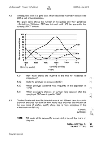 Life Sciences/P1 (Version 1) (Full-time) 16 DBE/Feb.–Mar. 2013 
NSC 
Copyright reserved 
4.2 
In mosquitoes there is a gene locus which has alleles involved in resistance to DDT, a well-known insecticide. 
The graph below shows the number of mosquitoes and their genotypes collected from 1965 when DDT was first used, until 1970, two years after the spraying of DDT stopped. 
4.2.1 
4.2.2 
4.2.3 
4.2.4 
How many alleles are involved in the trait for resistance in mosquitoes? 
State the genotype for resistance to DDT. 
Which genotype appeared most frequently in the population in 1970? 
Which genotype's chances of survival were reduced after the spraying of DDT was stopped in 1968? 
(1) 
(1) 
(1) 
(1) 
(4) 
4.3 
Charles Darwin and Jean Baptiste de Lamarck had different ideas to explain evolution. Describe how each of them would have explained the evolution of the long necks of giraffes. Justify whose idea is more acceptable in the science community today. 
Content: 
Synthesis: 
(17) 
(3) 
(20) 
NOTE: 
NO marks will be awarded for answers in the form of flow charts or diagrams. 
TOTAL SECTION C: 
GRAND TOTAL: 
40 
150 
Years 
Spraying started 
Spraying stopped 0102030405060708090100196519661967196819691970 
Rr 
Number of mosquitoes 
RR 
rr 