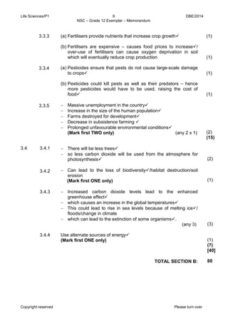 Life Sciences/P1 9 DBE/2014 
NSC – Grade 12 Exemplar – Memorandum 
Copyright reserved Please turn over 
3.3.3 
3.3.4 
3.3.5 
(a) Fertilisers provide nutrients that increase crop growth 
(b) Fertilisers are expensive – causes food prices to increase/ over-use of fertilisers can cause oxygen deprivation in soil which will eventually reduce crop production 
(a) Pesticides ensure that pests do not cause large-scale damage to crops 
(b) Pesticides could kill pests as well as their predators – hence more pesticides would have to be used, raising the cost of food 
− Massive unemployment in the country 
− Increase in the size of the human population 
− Farms destroyed for development 
− Decrease in subsistence farming  
− Prolonged unfavourable environmental conditions 
(Mark first TWO only) (any 2 x 1) 
(1) 
(1) 
(1) 
(1) 
(2) 
(15) 
3.4 
3.4.1 
3.4.2 
3.4.3 
3.4.4 
− There will be less trees 
− so less carbon dioxide will be used from the atmosphere for photosynthesis 
− Can lead to the loss of biodiversity/habitat destruction/soil erosion 
(Mark first ONE only) 
− Increased carbon dioxide levels lead to the enhanced greenhouse effect 
− which causes an increase in the global temperatures 
− This could lead to rise in sea levels because of melting ice/ floods/change in climate 
− which can lead to the extinction of some organisms. 
(any 3) 
Use alternate sources of energy 
(Mark first ONE only) 
TOTAL SECTION B: 
(2) 
(1) 
(3) 
(1) 
(7) 
[40] 
80  