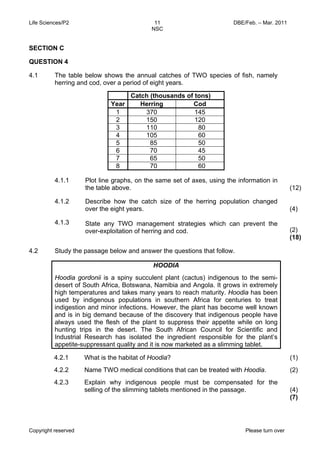 Life Sciences/P2 DBE/Feb. – Mar. 2011 
11 
NSC 
SECTION C 
QUESTION 4 
4.1 The table below shows the annual catches of TWO species of fish, namely 
herring and cod, over a period of eight years. 
Catch (thousands of tons) 
Year Herring Cod 
1 370 145 
2 150 120 
3 110 80 
4 105 60 
5 85 50 
6 70 45 
7 65 50 
8 70 60 
4.1.1 
4.1.2 
4.1.3 
Plot line graphs, on the same set of axes, using the information in 
the table above. 
Describe how the catch size of the herring population changed 
over the eight years. 
State any TWO management strategies which can prevent the 
over-exploitation of herring and cod. 
Copyright reserved Please turn over 
(12) 
(4) 
(2) 
(18) 
4.2 Study the passage below and answer the questions that follow. 
HOODIA 
Hoodia gordonii is a spiny succulent plant (cactus) indigenous to the semi-desert 
of South Africa, Botswana, Namibia and Angola. It grows in extremely 
high temperatures and takes many years to reach maturity. Hoodia has been 
used by indigenous populations in southern Africa for centuries to treat 
indigestion and minor infections. However, the plant has become well known 
and is in big demand because of the discovery that indigenous people have 
always used the flesh of the plant to suppress their appetite while on long 
hunting trips in the desert. The South African Council for Scientific and 
Industrial Research has isolated the ingredient responsible for the plant’s 
appetite-suppressant quality and it is now marketed as a slimming tablet. 
4.2.1 
4.2.2 
4.2.3 
What is the habitat of Hoodia? 
Name TWO medical conditions that can be treated with Hoodia. 
Explain why indigenous people must be compensated for the 
selling of the slimming tablets mentioned in the passage. 
(1) 
(2) 
(4) 
(7) 
 