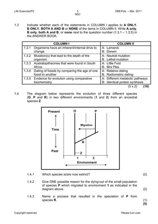 Life Sciences/P2 DBE/Feb. – Mar. 2011 
5 
NSC 
1.3 Indicate whether each of the statements in COLUMN I applies to A ONLY, 
B ONLY, BOTH A AND B or NONE of the items in COLUMN II. Write A only, 
B only, both A and B, or none next to the question number (1.3.1 – 1.3.5) in 
the ANSWER BOOK. 
COLUMN I COLUMN II 
1.3.1 Organisms have an inherent/internal drive to 
change 
A: Lamarck 
B: Darwin 
1.3.2 Mutation(s) that lead to the death of the 
organism 
A: Neutral mutation 
B: Lethal mutation 
1.3.3 Australopithecines that were found in South 
Africa 
A: Little Foot 
B: Mrs Ples 
1.3.4 Dating of fossils by comparing the age of one 
fossil to another 
A: Relative dating 
B: Radiometric dating 
1.3.5 Evidence for evolution using comparative 
biochemistry 
A: Different metabolic pathways 
B: Identical protein synthesis 
(5 x 2) (10) 
1.4 The diagram below represents the evolution of three different species 
(O, P and R) in two different environments (1 and 2) from an ancestral 
species Z. 
1.4.1 
1.4.2 
1.4.3 
O P 
Migration 
Z 
1 2 
Which species is/are now extinct? 
Give ONE possible reason for the dying-out of the small population 
of species P which migrated to environment 1 as indicated in the 
diagram above. 
Name a process that resulted in the speciation of P from 
species R. 
Copyright reserved Please turn over 
(2) 
(2) 
(1) 
(5) 
Environment 
Present 
Time 
Past 
R 
 