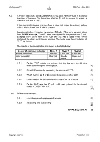 Life Sciences/P2 DBE/Feb. – Mar. 2011 
6 
NSC 
1.5 A type of bacterium, called Escherichia coli (E. coli), normally lives in the large 
intestine of humans. To determine whether E. coli is present in water, a 
chemical indicator is used. 
If the chemical indicator changes from a clear red colour to a cloudy yellow 
colour, this indicates that E. coli is present. 
In an investigation conducted by a group of Grade 12 learners, samples taken 
from THREE rivers (X, Y and Z) were investigated for the presence of E. coli. 
Samples were taken from each river and put into a glass bottle which 
contained the clear red indicator solution. The bottle was then incubated at 
37 °C for 2 days. 
The results of the investigation are shown in the table below. 
Colour of chemical indicator River X River Y River Z 
Before incubation Clear red Clear red Clear red 
After incubation Clear red Cloudy 
yellow 
Clear red 
1.5.1 
1.5.2 
1.5.3 
1.5.4 
1.5.5 
Explain TWO safety precautions that the learners should take 
when conducting this investigation. 
Give ONE reason for incubating the sample at 37 °C. 
Which river(s) (X, Y or Z) showed the presence of E. coli? 
Give a reason for your answer to QUESTION 1.5.3 above. 
Explain ONE way that E. coli could have gotten into the river(s) 
stated in QUESTION 1.5.3. 
Copyright reserved Please turn over 
(4) 
(2) 
(1) 
(2) 
(2) 
(11) 
1.6 Differentiate between: 
1.6.1 
1.6.2 
Homologous and analogous structures 
Inbreeding and outbreeding 
(3) 
(3) 
(6) 
TOTAL SECTION A: 50 
 