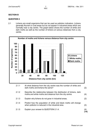 Life Sciences/P2 DBE/Feb. – Mar. 2011 
7 
NSC 
SECTION B 
QUESTION 2 
2.1 Lichens are small organisms that can be used as pollution indicators. Lichens 
generally flourish in rural areas but do not appear in industrial areas which are 
normally near a city centre. The graph below shows the number of white and 
dark moths as well as the number of lichens at various distances from a city 
centre. 
Number of moths and lichens versus distance from city centre 
100 
90 
80 
70 
60 
50 
40 
30 
20 
10 
0 
20 40 60 80 100 120 
Distance from city centre (km) 
Number of organisms 
Lichens 
White moths 
Dark moths 
2.1.1 
2.1.2 
2.1.3 
2.1.4 
2.1.5 
At what distance from the city centre was the number of white and 
dark moths and lichens the same? 
Describe the relationship between the distribution of lichens, dark 
moths and white moths and distance from the city centre. 
Explain why lichens do not grow in industrial areas. 
Predict how the population of white and black moths will change 
when pollution is reduced in the industrial area. 
Explain your answer to QUESTION 2.1.4. 
Copyright reserved Please turn over 
(2) 
(4) 
(2) 
(2) 
(4) 
(14) 
 