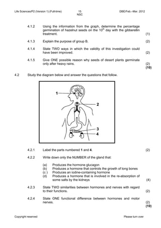 Life Sciences/P2 (Version 1) (Full-time) 15 DBE/Feb.–Mar. 2012 
NSC 
4.1.4 
4.1.5 
State TWO ways in which the validity of this investigation could 
have been improved. 
Give ONE possible reason why seeds of desert plants germinate 
only after heavy rains. 
Copyright reserved Please turn over 
(2) 
(2) 
(10) 
4.2 Study the diagram below and answer the questions that follow. 
4.2.1 
4.2.2 
Label the parts numbered 1 and 4. 
Write down only the NUMBER of the gland that: 
(2) 
(a) 
(b) 
(c ) 
(d) 
Produces the hormone glucagon 
Produces a hormone that controls the growth of long bones 
Produces an iodine-containing hormone 
Produces a hormone that is involved in the re-absorption of 
some salts by the kidneys (4) 
4.2.3 
4.2.4 
State TWO similarities between hormones and nerves with regard 
to their functions. 
State ONE functional difference between hormones and motor 
nerves. 
(2) 
(2) 
(10) 
4.1.2 
4.1.3 
Using the information from the graph, determine the percentage 
germination of hazelnut seeds on the 10th day with the gibberellin 
treatment. 
Explain the purpose of group B. 
(1) 
(2) 
 