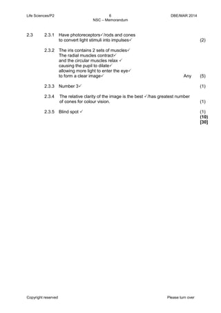 Life Sciences/P2 6 DBE/MAR 2014 
NSC – Memorandum 
Copyright reserved Please turn over 
2.3 
2.3.1 
2.3.2 
2.3.3 
2.3.4 
2.3.5 
Have photoreceptors/rods and cones 
to convert light stimuli into impulses 
The iris contains 2 sets of muscles 
The radial muscles contract 
and the circular muscles relax  
causing the pupil to dilate 
allowing more light to enter the eye 
to form a clear image Any 
Number 3 
The relative clarity of the image is the best /has greatest number of cones for colour vision. 
Blind spot  
(2) 
(5) 
(1) 
(1) 
(1) 
(10) 
[30] 
 