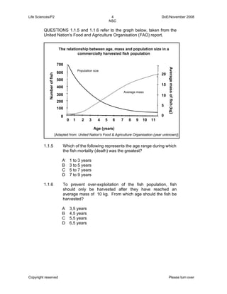 Life Sciences/P2 4 DoE/November 2008 
NSC 
QUESTIONS 1.1.5 and 1.1.6 refer to the graph below, taken from the 
United Nation's Food and Agriculture Organisation (FAO) report. 
The relationship between age, mass and population size in a 
commercially harvested fish population 
Population size 
Average mass 
0 1 2 3 4 5 6 7 8 9 10 11 
Age (years) 
Number of fish 
20 
15 
10 
5 
0 
700 
600 
500 
400 
300 
200 
100 
0 
Average mass of fish (kg) 
[Adapted from: United Nation's Food & Agriculture Organisation (year unknown)] 
1.1.5 Which of the following represents the age range during which 
the fish mortality (death) was the greatest? 
A 
1 to 3 years 
B 
3 to 5 years 
C 
5 to 7 years 
D 
7 to 9 years 
1.1.6 To prevent over-exploitation of the fish population, fish 
should only be harvested after they have reached an 
average mass of 10 kg. From which age should the fish be 
harvested? 
A 
3,5 years 
B 
4,5 years 
C 
5,5 years 
D 
6,5 years 
Copyright reserved Please turn over 
 