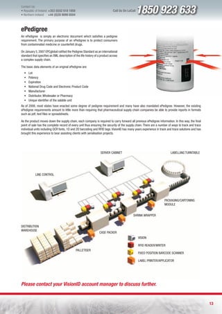 Contact Us:
l Republic of Ireland +353 (0)52 618 1858
l Northern Ireland    +44 (0)28 9099 8504
                                                                              Call Us On LoCall   1850 923 633
ePedigree
An ePedigree is simply an electronic document which satisfies a pedigree
requirement. The primary purpose of an ePedigree is to protect consumers
from contaminated medicine or counterfeit drugs.

On January 5, 2007 EPCglobal ratified the Pedigree Standard as an international
standard that specifies an XML description of the life history of a product across
a complex supply chain.

The basic data elements of an original ePedigree are:
  ƒ   Lot
  ƒ   Potency
  ƒ   Expiration
  ƒ   National Drug Code and Electronic Product Code
  ƒ   Manufacturer
  ƒ   Distributor, Wholesaler or Pharmacy
  ƒ   Unique identifier of the salable unit
As of 2008, most states have enacted some degree of pedigree requirement and many have also mandated ePedigree. However, the existing
ePedigree requirements amount to little more than requiring that pharmaceutical supply chain companies be able to provide reports in formats
such as pdf, text files or spreadsheets.

As the product moves down the supply chain, each company is required to carry forward all previous ePedigree information. In this way, the final
point of sale has the complete record of every unit thus ensuring the security of the supply chain. There are a number of ways to track and trace
individual units including OCR fonts, 1D and 2D barcoding and RFID tags. VisionID has many years experience in track and trace solutions and has
brought this experience to bear assisting clients with serialisation projects.




                                                                   SERVER CABINET                                       LABELLING TURNTABLE




            LINE CONTROL




                                                                                                                   PACKAGING/CARTONING
                                                                                                                   MODULE


                                                                                             SHRINK WRAPPER


DISTRIBUTION
WAREHOUSE
                                                                  CASE PACKER
                                                                                                  VISION

                                                                                                  RFID READER/WRITER
                                              PALLETISER
                                                                                                  FIXED POSITION BARCODE SCANNER

                                                                                                  LABEL PRINTER/APPLICATOR




Please contact your VisionID account manager to discuss further.


                                                                                                                                                    13
 