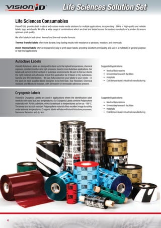 Life Sciences Solution Set
    Life Sciences Consumables
    VisionID Ltd. provides both in-stock and custom-made media solutions for multiple applications, incorporating 1,000’s of high-quality and reliable
    labels, tags, wristbands. We offer a wide range of combinations which are tried and tested across the various manufacturer’s printers to ensure
    optimum print quality.

    We offer labels in both direct thermal and thermal transfer formats.

    Thermal Transfer labels offer more durable, long-lasting results with resistance to abrasion, moisture, and chemicals.

    Direct Thermal labels offer an inexpensive way to print paper labels, providing excellent print quality and use in a multitude of general-purpose
    or high end applications



    Autoclave Labels
    VisionID Autoclave Labels are designed to stand up to the highest temperatures, chemical        Suggested Applications:
    exposure, constant moisture and high pressures found in most Autoclave applications. Our
                                                                                                      ƒ   Medical laboratories
    labels will perform in the harshest of autoclave environments. We aim to find our clients
    the right material and adhesives to suit the application be it Steam or Dry autoclaves,           ƒ   Universities/research facilities
    Gamma and ETO sterilization. We can fully customize your labels to your needs – in                ƒ   Hospitals
    the past we have supplied labels designed to be Anti-fade, Tear Resistant, Chemical               ƒ   Cold temperature/ industrial manufacturing
    resistant, and Moisture resistant, with permanent or removable adhesives present.


    Cryogenic labels
    VisionID’s Cryogenic Labels are used in applications where the identification label             Suggested Applications:
    needs to with stand sub zero temperatures. Our Cryogenic Labels combine Polyproylene
                                                                                                      ƒ   Medical laboratories
    materials with Acrylic adhesive, which is resistant to temperatures as low as -196°C.
    The smear and scratch resistant Polypropylene material offers excellent image durability          ƒ   Universities/research facilities
    under extreme temperatures. Cryogenic labels will also withstand Autoclave processes,             ƒ   Hospitals
    Gammma Radiation and dry ice.                                                                     ƒ   Cold temperature/ industrial manufacturing




4
 