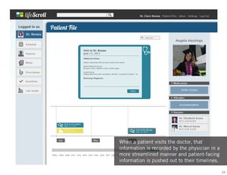 When a patient visits the doctor, that
information is recorded by the physician in a
more streamlined manner and patient-facing
information is pushed out to their timelines.
24

 