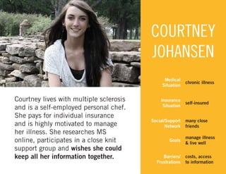 COURTNEY
JOHANSEN
Medical
Situation

Courtney lives with multiple sclerosis
and is a self-employed personal chef.
She pays for individual insurance
and is highly motivated to manage
her illness. She researches MS
online, participates in a close knit
support group and wishes she could
keep all her information together.

chronic illness

Insurance
Situation

self-insured

Social/Support
Network

many close
friends

Goals
Barriers/
Frustrations

manage illness
& live well
costs, access
to information
33

 
