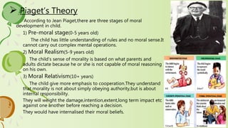  Piaget’s Theory
According to Jean Piaget,there are three stages of moral
development in child.
1) Pre-moral stage(0-5 years old)
The child has little understanding of rules and no moral sense.It
cannot carry out complex mental operations.
2) Moral Realism(5-9 years old)
The child’s sense of morality is based on what parents and
adults dictate because he or she is not capable of moral reasoning
on his own.
3) Moral Relativism(10+ years)
The child give more emphasis to cooperation.They understand
that morality is not about simply obeying authority,but is about
internal responsibility.
They will weight the damage,intention,extent,long term impact etc
against one another before reaching a decision.
They would have internalised their moral beliefs.
 