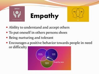 Empathy
 Ability to understand and accept others
 To put oneself in others persons shoes
 Being nurturing and tolerant
 Encourages a positive behavior towards people in need
or difficulty
 