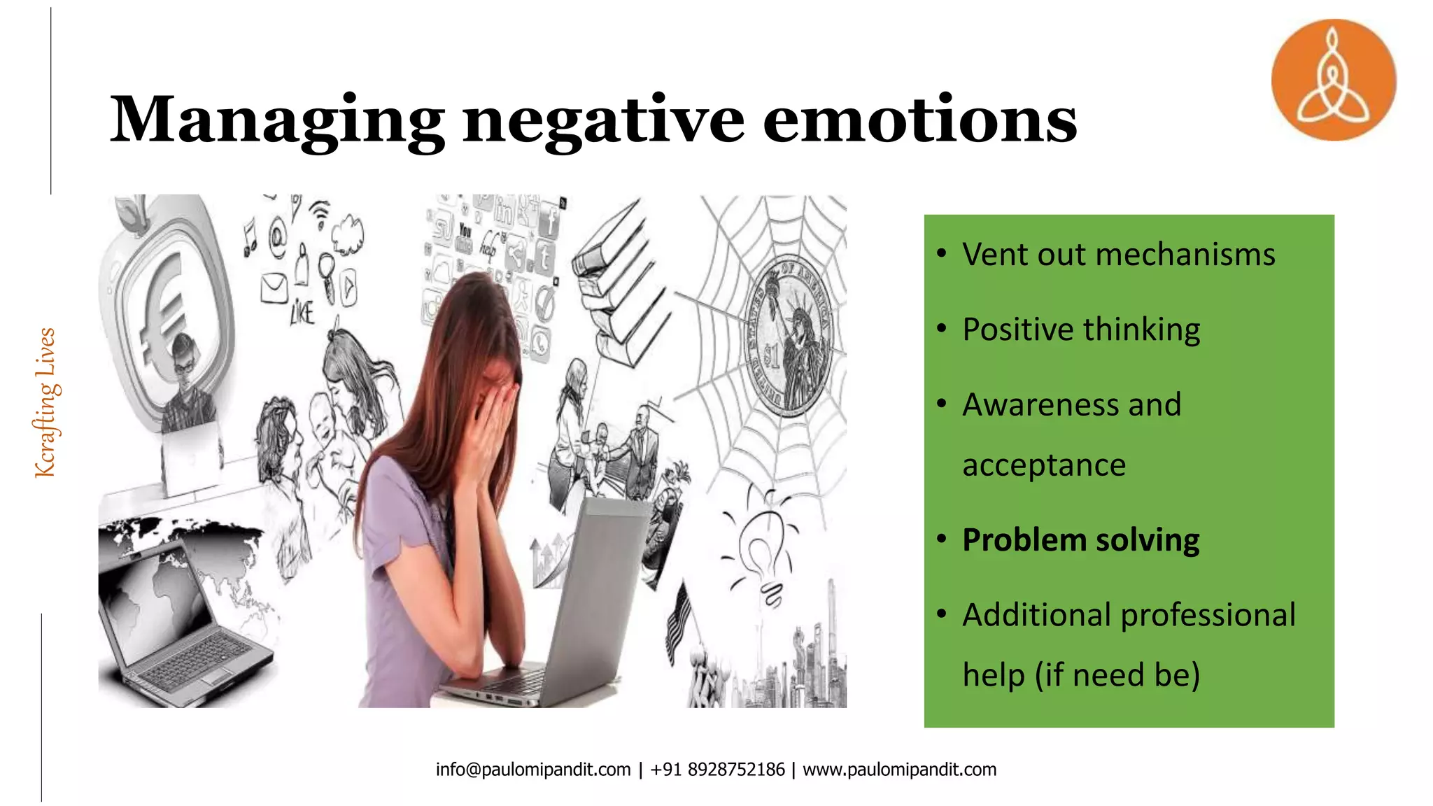 KcraftingLives
Managing negative emotions
• Vent out mechanisms
• Positive thinking
• Awareness and
acceptance
• Problem solving
• Additional professional
help (if need be)
info@paulomipandit.com | +91 8928752186 | www.paulomipandit.com
 