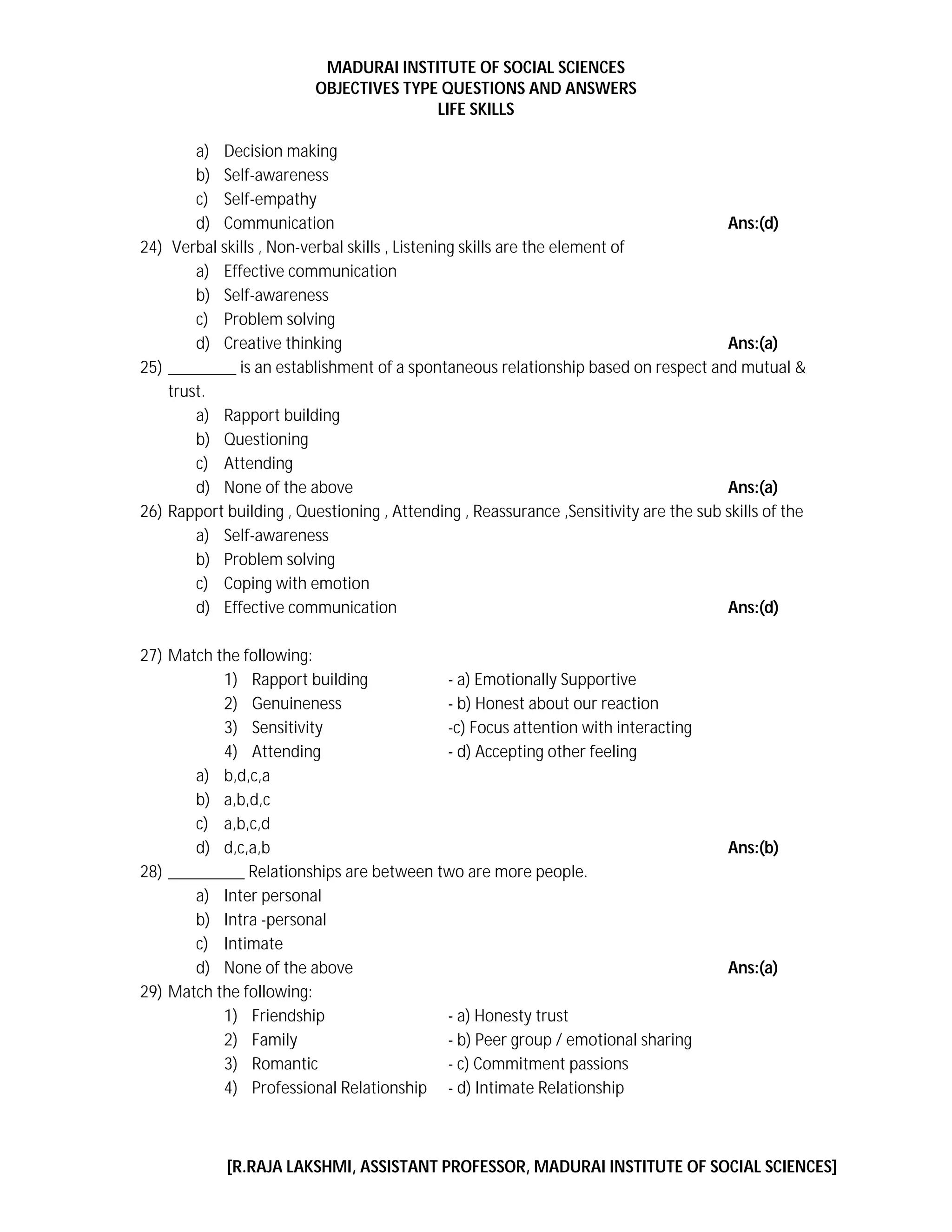 Life skills objective type question and answers PDF