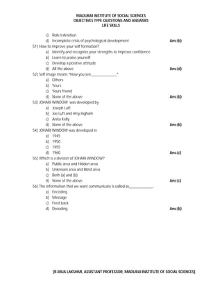 MADURAI INSTITUTE OF SOCIAL SCIENCES
OBJECTIVES TYPE QUESTIONS AND ANSWERS
LIFE SKILLS
[R.RAJA LAKSHMI, ASSISTANT PROFESSOR, MADURAI INSTITUTE OF SOCIAL SCIENCES]
c) Role trAnsition
d) Incomplete crisis of psychological development Ans:(b)
51) How to improve your self formation?
a) Identify and recognize your strengths to improve confidence
b) Learn to praise yourself
c) Develop a positive attitude
d) All the above Ans:(d)
52) Self image means “How you see_____________”.
a) Others
b) Yours
c) Yours friend
d) None of the above Ans:(b)
53) JOHARI WINDOW was developed by
a) Joseph Luft
b) Joe Luft and Hrry Ingham
c) Anita Kelly
d) None of the above Ans:(b)
54) JOHARI WINDOW was developed in
a) 1945
b) 1950
c) 1955
d) 1960 Ans:(c)
55) Which is a division of JOHARI WINDOW?
a) Public area and Hidden area
b) Unknown area and Blind area
c) Both (a) and (b)
d) None of the above Ans:(c)
56) The information that we want communicate is called as____________.
a) Encoding
b) Message
c) Feed back
d) Decoding Ans:(b)
 
