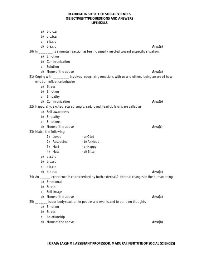 Life Skills Objective Type Question And Answers