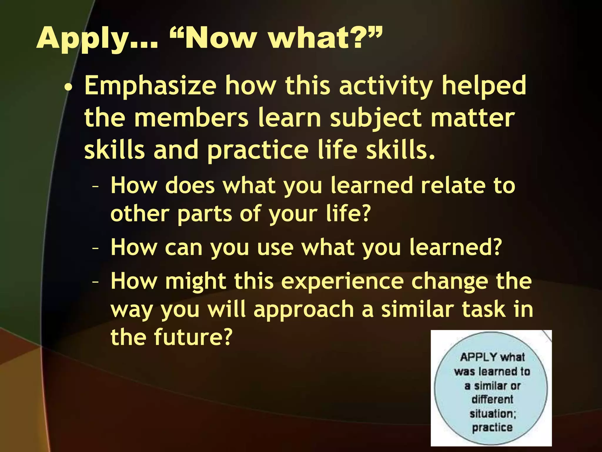 Apply… “Now what?”
• Emphasize how this activity helped
the members learn subject matter
skills and practice life skills.
– How does what you learned relate to
other parts of your life?
– How can you use what you learned?
– How might this experience change the
way you will approach a similar task in
the future?
 