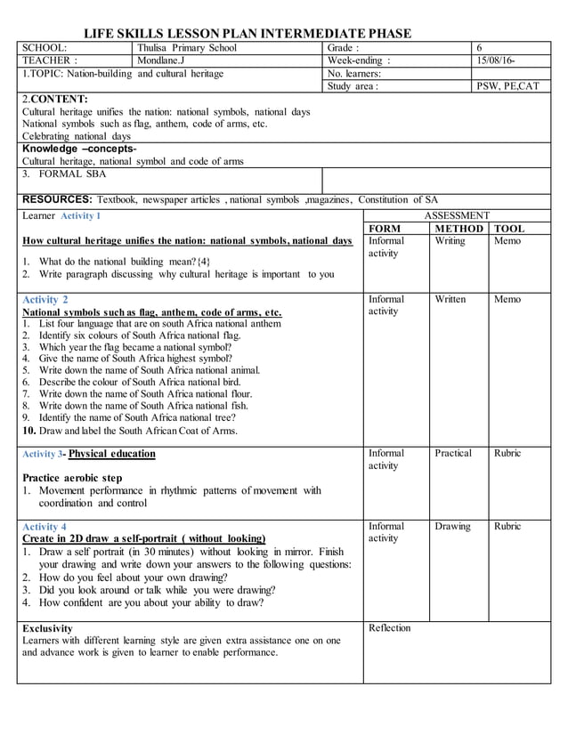 Life skills lesson plan intermediate phas gr6 PDF