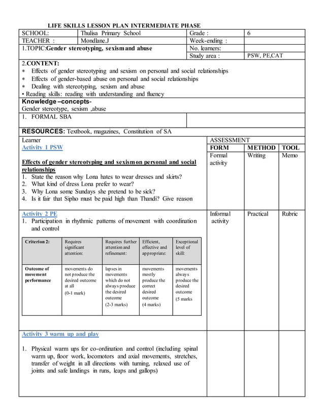 Life skills lesson plan intermediate phas gr6 PDF