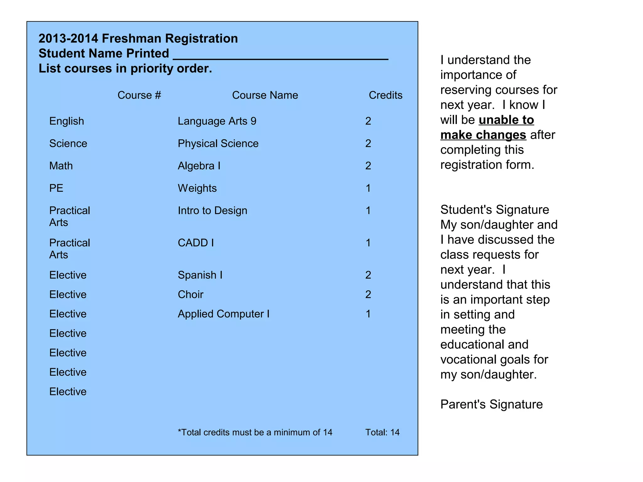 2013-2014 Freshman Registration
Student Name Printed _______________________________
                                                                             I understand the
List courses in priority order.
                                                                             importance of
             Course #                Course Name                 Credits     reserving courses for
                                                                             next year. I know I
 English                Language Arts 9                          2           will be unable to
                                                                             make changes after
 Science                Physical Science                         2
                                                                             completing this
 Math                   Algebra I                                2           registration form.
 PE                     Weights                                  1

 Practical              Intro to Design                          1           Student's Signature
 Arts                                                                        My son/daughter and
 Practical              CADD I                                   1           I have discussed the
 Arts                                                                        class requests for
 Elective               Spanish I                                2           next year. I
                                                                             understand that this
 Elective               Choir                                    2
                                                                             is an important step
 Elective               Applied Computer I                       1           in setting and
 Elective                                                                    meeting the
                                                                             educational and
 Elective
                                                                             vocational goals for
 Elective                                                                    my son/daughter.
 Elective
                                                                             Parent's Signature

                        *Total credits must be a minimum of 14   Total: 14
 