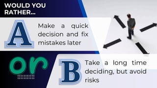 Make a quick
decision and fix
mistakes later
Take a long time
deciding, but avoid
risks
 