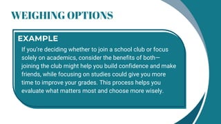 WEIGHING OPTIONS
If you’re deciding whether to join a school club or focus
solely on academics, consider the benefits of both—
joining the club might help you build confidence and make
friends, while focusing on studies could give you more
time to improve your grades. This process helps you
evaluate what matters most and choose more wisely.
EXAMPLE
 