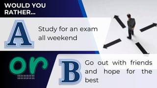 Study for an exam
all weekend
Go out with friends
and hope for the
best
 