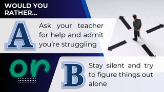 Ask your teacher
for help and admit
you’re struggling
Stay silent and try
to figure things out
alone
 