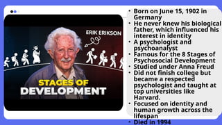 • Born on June 15, 1902 in
Germany
• He never knew his biological
father, which influenced his
interest in identity
• A psychologist and
psychoanalyst
• Famous for the 8 Stages of
Psychosocial Development
• Studied under Anna Freud
• Did not finish college but
became a respected
psychologist and taught at
top universities like
Harvard.
• Focused on identity and
human growth across the
lifespan
• Died in 1994
 