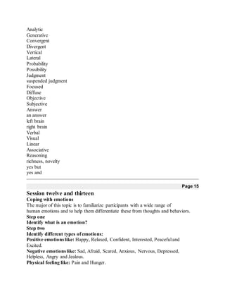Analytic
Generative
Convergent
Divergent
Vertical
Lateral
Probability
Possibility
Judgment
suspended judgment
Focused
Diffuse
Objective
Subjective
Answer
an answer
left brain
right brain
Verbal
Visual
Linear
Associative
Reasoning
richness, novelty
yes but
yes and
Page 15
Session twelve and thirteen
Coping with emotions
The major of this topic is to familiarize participants with a wide range of
human emotions and to help them differentiate these from thoughts and behaviors.
Step one
Identify what is an emotion?
Step two
Identify different types of emotions:
Positive emotions like: Happy, Relaxed, Confident, Interested, Peaceful and
Excited.
Negative emotions like: Sad, Afraid, Scared, Anxious, Nervous, Depressed,
Helpless, Angry and Jealous.
Physical feeling like: Pain and Hunger.
 