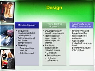 Design


                         Theme-Centred         Opportunity for In-
 Modular Approach
                           Approach            Depth Intervention

• Sequential           • Developmentally      • Breakdowns and
  psychosocial skill     sensitive sequence     breakthroughs
  development          • Identification of    • Identification of
• Active learning of     age-, class-, or       problems
  functional             school-specific      • Opening for
  competencies           themes                 individual- or group-
• Flexibility          • Facilitated            level
  • Time spent on        discussion of          psychotherapeutic
    module               relevant issues        intervention
  • Activities used      • Groupism
                         • Sexual issues
                         • High-risk
                           behaviours
 