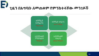 ጊዜን በአግባቡ ለመጠቀም የምንከተላቸው መንገዶች
105
አስቸኳይ
አላስፈላጊ
ማስተላለፍ
አስቸኳይ አስፈላጊ
አሁን የሚሰራ
አያስቸኩልም
የማያስፈልግ
ማስወገድ
አያስቸኩልም
አስፈላጊ
ውሳኔ መስጠት
 