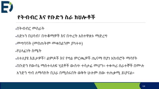 በትብብር መስራት
ለድኑን በሀሳብ፣ በጥቆማዎች እና በጥረት አስተዋጽኦ ማድረግ
መግባባት (መስጠትም መቀበልንም ያካተተ)
የሀላፊነት ስሜት
ለተለያዩ እይታዎች፣ ልምዶች እና የግል ምርጫዎች ጤናማ የሆነ አክብሮት ማሳየት
በቡድን የውሳኔ ማስተላለፍ ሂደቶች ውስጥ ተሳታፊ መሆን። ተቀጣሪ ሰራተኞች በሙሉ
አንድን ግብ ለማሳከት በጋራ በሚሰሩበት ወቅት ሁሉም ሰው ተጠቃሚ ይሆናል።
128
የትብብር እና የቡድን ስራ ክህሎቶች
 
