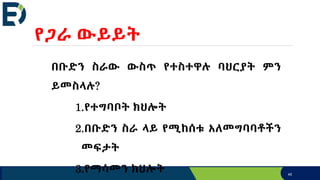 የጋራ ውይይት
በቡድን ስራው ውስጥ የተስተዋሉ ባህርያት ምን
ይመስላሉ?
1.የተግባቦት ክህሎት
2.በቡድን ስራ ላይ የሚከሰቱ አለመግባባቶችን
መፍታት
3.የማሳመን ክህሎት 45
 