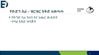 የቡድን ስራ - ዝርዝር እቅድ አወጣጥ
• የቡንድ ስራ ክለሳ እና አጭር ውይይት
◦የግል እቅድ ዝግጅት
53
የተሰጠው
ሰዓት 10 ደቂቃ
 