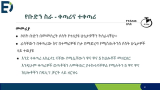 የቡድን ስራ - ቀጣሪና ተቀጣሪ
መመሪያ
● ሶስት ቡድን በመመስረት ሶስት የተለያዩ ሁኔታዎችን ትሰራላችሁ።
● ራሳቸውን በቀጣሪው እና በተማሪዎቹ ቦታ በማድረግ የሚሰጡትንስ ሶስት ሁኔታዎች
ላይ ተወያዩ
● እንደ ተቀጣሪ አስፈላጊ ናቸው የሚሏቸውን ዋና ዋና 5 ክህሎቶች መዘርዘር
እንዲሁም ቀጣሪዎች ወጣቶቹን ለመቅጠር ያተኩሩባቸዋል የሚሉትን 5 ዋና ዋና
ክህሎቶችን በፍሊፕ ቻርት ላይ ዘርዝሩ
61
የተሰጠው
ሰዓት 60 ደቂቃ
 