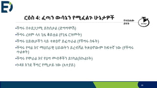ርዕስ 4: ፈጣን ውሳኔን የሚፈልጉ ሁኔታዎች
•ችግሩ በተደጋጋሚ ይከሰታል (ድግግሞሽ)
•ችግሩ ረዘም ላለ ጊዜ ቆይቷል (የጊዜ ርዝመት)
•ችግሩ ህይወታችን ላይ ተጽዕኖ ይፈጥራል (የችግሩ ስፋት)
•ችግሩ የግል እና ማህበራዊ ህይወትን ይረብሻል ትጽዕኖውም ከፍተኛ ነው (የችግሩ
ጥልቀት)
•ችግሩ የሞራል እና የህግ መብቶችን ይነካል(እኩልነት)
•ጉዳዩ እንደ ችግር የሚታይ ነው (አተያይ)
የተሰጠው
ሰዓት 20 ደቂቃ
86
 