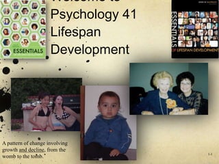 Welcome to
Psychology 41
Lifespan
Development

A pattern of change involving
growth and decline, from the
womb to the tomb.

1-1

 