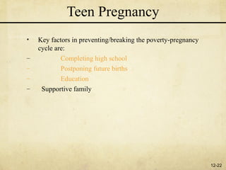 Teen Pregnancy
•   Key factors in preventing/breaking the poverty-pregnancy
    cycle are:
–           Completing high school
–           Postponing future births
–           Education
–    Supportive family




                                                               12-22
 