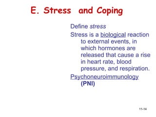 E. Stress  and Coping Define  stress   Stress is a  biological  reaction to external events, in which hormones are released that cause a rise in heart rate, blood pressure, and respiration. Psychoneuroimmunology  (PNI) 