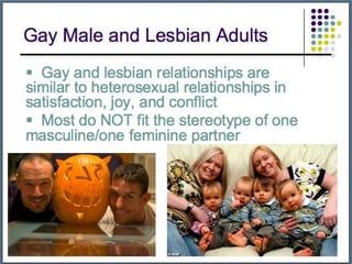 Gay and lesbian relationships are similar to heterosexual relationships in satisfaction, joy, and conflict  Most do NOT fit the stereotype of one masculine/one feminine partner Gay Male and Lesbian Adults 