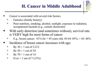 H. Cancer in Middle Adulthood

       Cancer is associated with several risk factors.
          Genetics (family history)
          Poor nutrition, smoking, alcohol, sunlight, exposure to radiation,
           occupational hazards (e.g., certain chemicals)
       With early detection (and sometimes without), survival rate
        is VERY high for most forms of cancer
          E.g., breast cancer: 81% for < 45 years old; 45-64: 85%; > 65: 86%
       Incidence of breast cancer increases with age:
          By 30 > 1 out of 2,212
          By 50 > 1 out of 54
          By 70 > 1 out of 14
          Ever > 1 out of 7 (13%)

                                                                          15-19
 