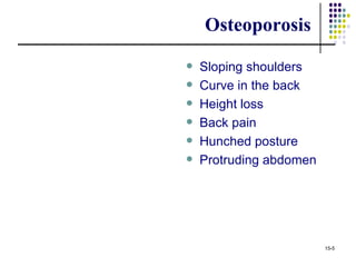 Osteoporosis
   Sloping shoulders
   Curve in the back
   Height loss
   Back pain
   Hunched posture
   Protruding abdomen




                         15-5
 