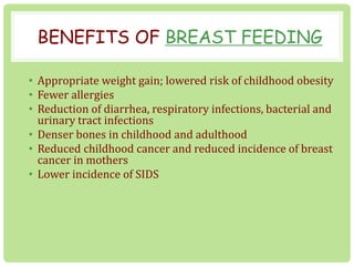 BENEFITS OF BREAST FEEDING 
• Appropriate weight gain; lowered risk of childhood obesity 
• Fewer allergies 
• Reduction of diarrhea, respiratory infections, bacterial and 
urinary tract infections 
• Denser bones in childhood and adulthood 
• Reduced childhood cancer and reduced incidence of breast 
cancer in mothers 
• Lower incidence of SIDS 
 